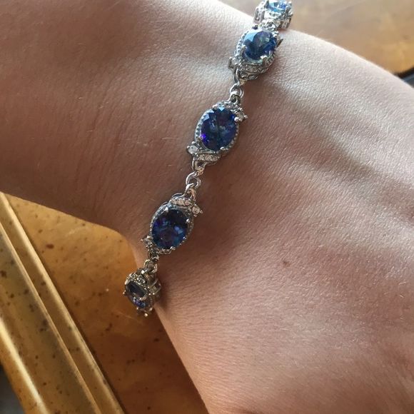 Blue Brazilian Petalite White Zircon Sterling Silver Toggle Bracelet - Picture 2 of 8